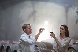 Two people tasting red wine in a barrique cellar (Cape Town, South Africa)