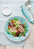 Grilled haloumi and onions on a bed of vegetables and lettuce