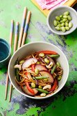 Noodles with beans, peppers, plums and cashew nuts with a soya dressing