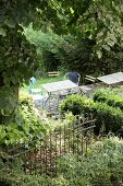 Blick auf verwilderten Garten mit Tisch und Stühlen