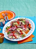 Beef Mexican style in coffee chilli marinade with avocado, red onions and sweet potatoes