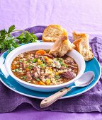 Beef soup with barley and vegetables