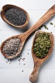 Chia seeds, sunflower seeds and pumpkin seeds on wooden spoons
