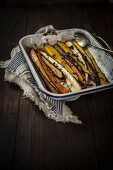 Roasted vegetables in a roasting tin