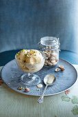Pistachio ice cream in an ice cream bowl