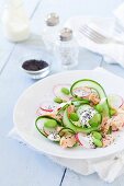 Hot-smoked salmon with an edamme and cucumber salad and radishes