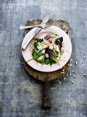 Mixed leaf salad with avocado, radishes and pine nuts