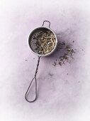 Dried restharrow in a tea strainer