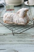 An Easter lamb cake dusted with icing sugar on a wire rack