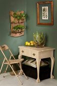 Aloe vera plant in glass vase below nasturtiums planted in hessian pocket planter hung on dark green wall