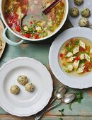 Vegetable soup with dumplings and custard royale