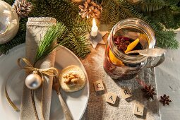 Festive place setting with name tag made from Scrabble tiles