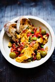 Scrambled egg with chorizo and olives