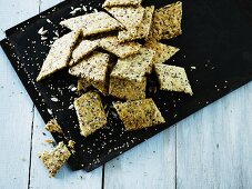 Homemade sesame seed crackers (seen from above)