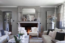 Open fireplace in French-style living room