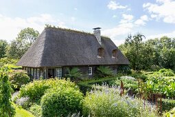 Haus mit Reetdach in sommerlichem Bauerngarten