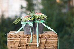 Blumengestecke in Blumentöpfen mit Satinschleifen auf Weidenkoffer