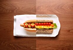 Half a hot dog and half a vegetable sandwich (photo collage)