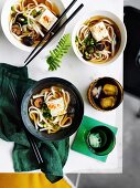 Udon noodle soup with shiitake mushrooms and tofu