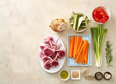 Ingredients for lamb chops and roasted vegetables