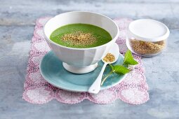 Green pea soup with quinoa and mint