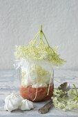 Rhubarb compote with elderflower syrup and meringue