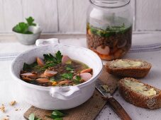 Lentil soup with sausages from a jar