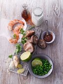 Ingredients for coconut and rice soup with prawns