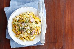 Pasta salad with egg, ham, sweetcorn, peppers, beansprouts and mayonnaise