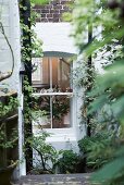 View of lattice window through planted courtyard