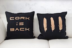Cushions decorated with motifs made from cork