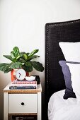 Bedside table with green plants next to bed with padded head