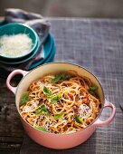Linguine with an aubergine and tomato sauce and basil