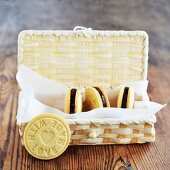 Homemade biscuits with chocolate cream in a gift basket