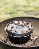 Clam bake in a Dutch oven on a barbecue (USA)