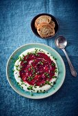 Feta cheese cream with beetroot chutney and bread