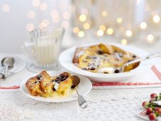 Brioche pudding with vanilla sauce for Christmas