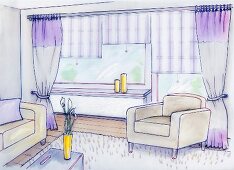 An illustration for planning window decorations in a living room