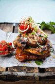 Oriental-style pork chops with sour pickled watermelon