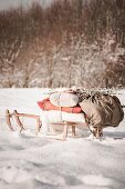 Sledge loaded with blankets and backpack in winter landscape