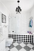 White bathroom with chequered patterns