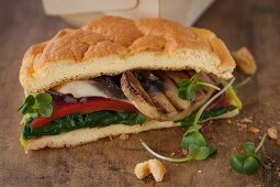 A cloud bread sandwich (carb-free bread) with mushrooms