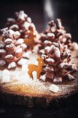 Chocolate pine cones with icing sugar and marshmallows