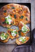 Focaccia with sweet potatoes, fresh cheese, cress and sage