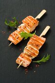 Salmon and scallop kebabs with chilli flakes