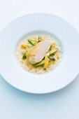 Corn-fed chicken breast on asparagus risotto