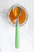Quince honey in a glass and on a spoon