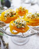 Pepper slices stuffed with egg salad for an Easter buffet