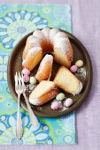 Lemon cake with icing sugar and chocolate eggs