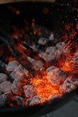 Glowing charcoal being stirred on a barbecue